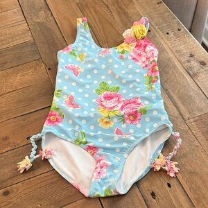 Kate Mack Blue Floral Polka Dot Kids Swimsuit